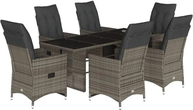 vidaXL 7-teiliges Garten-Bistro-Set aus Poly Rattan mit Kissen in Grau und Tisch mit Hartglas - Bild 1