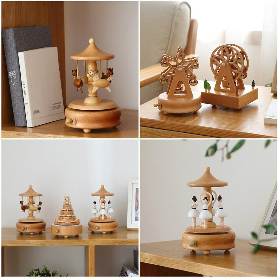 Yiran Furniture Karussell-Spieluhr aus Holz zum Aufziehen - Bild 3
