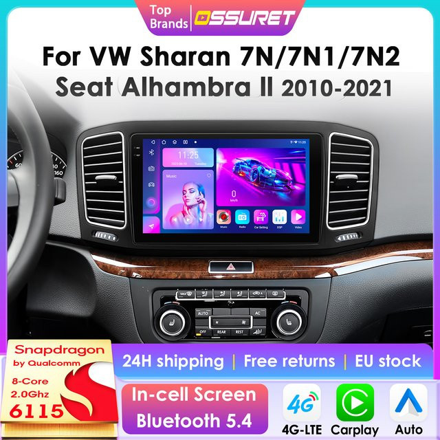 OSSURET Android 14 Autoradio mit 360-Grad-Kamera, 8GB RAM + 128GB Speicher, Carplay, Schwarz, passend für VW Sharan 7N/7N1/7N2 und Seat Alhambra II - Bild 1