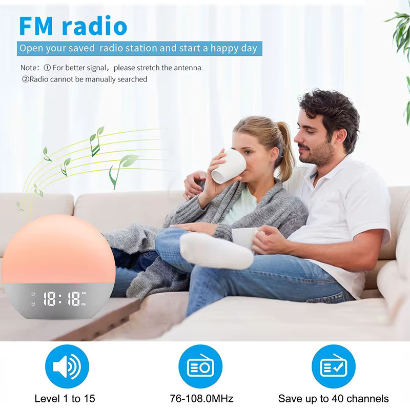 Niditon Wake Up Light Wecker mit Sonnenaufgang und Sonnenuntergang Simulation, FM Radio, RGB Nachtlicht und White Noise Machine, Nachttischuhr in Weiß - Bild 3