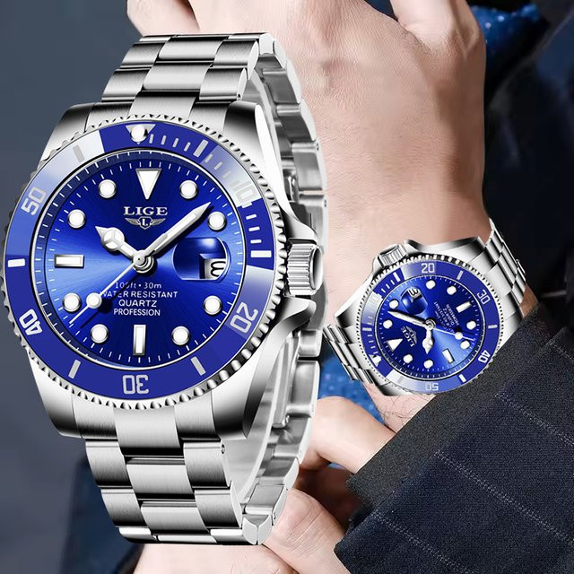 LIGE Armbanduhr Quarz, Edelstahl, Blau, Herren - Bild 1