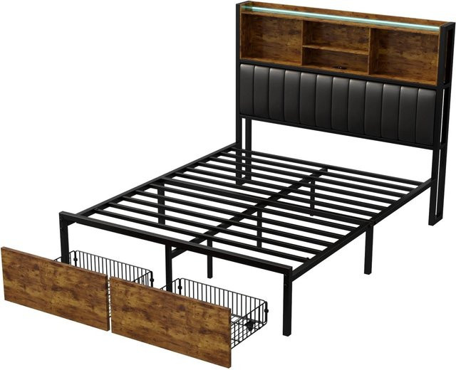 PXloue Polsterbett aus Kunstleder mit Schubladen, LED-Beleuchtung und USB-Ladeanschluss, Schwarz, B: 160 cm, T: 200 cm, H: 350 cm - Bild 1