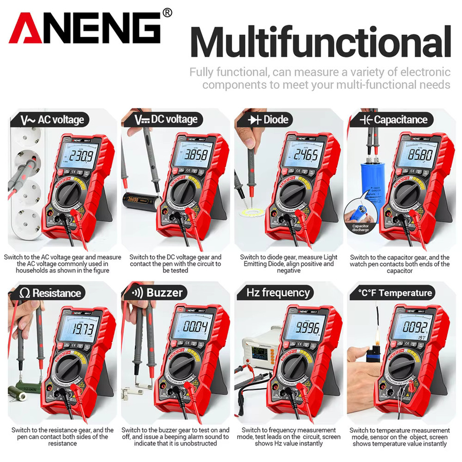 ANENG 2-in-1 Digitalmultimeter und Isolationswiderstandsmessgerät MH17 mit True RMS, wiederaufladbar, Rot - Bild 5