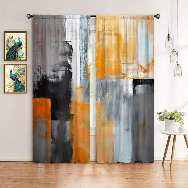 2-teiliges Set Yiran Furniture Vorhänge mit abstraktem Kunstdruck aus Polyester, halbtransparent, Mehrfarbig, B: 100 cm, H: 130 cm - Bild 1