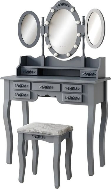 Vicco Schminktisch Diana in Grau mit Hollywood-Beleuchtung und Hocker, B/T/H: 90 x 40 x 147 cm - Bild 2