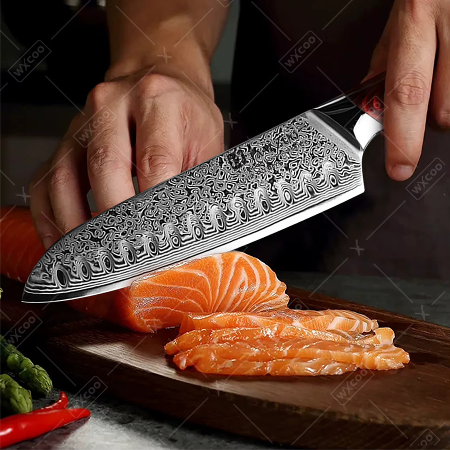 TAMZUO Santoku-Küchenmesser aus japanischem Damaststahl VG10 mit Holzgriff in Braun, Breite: 17,78 cm - Bild 2