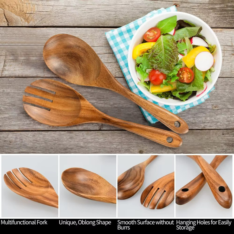 FEB.WIND 2er-Set Holz-Servierlöffel und Salatgabel in Braun mit langem Griff - Bild 2