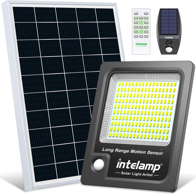 intelamp Solar-Flutlicht für den Außenbereich mit 12000 mAh Akku, zwei Bewegungssensoren und 5 m Kabel in Schwarz - Bild 1