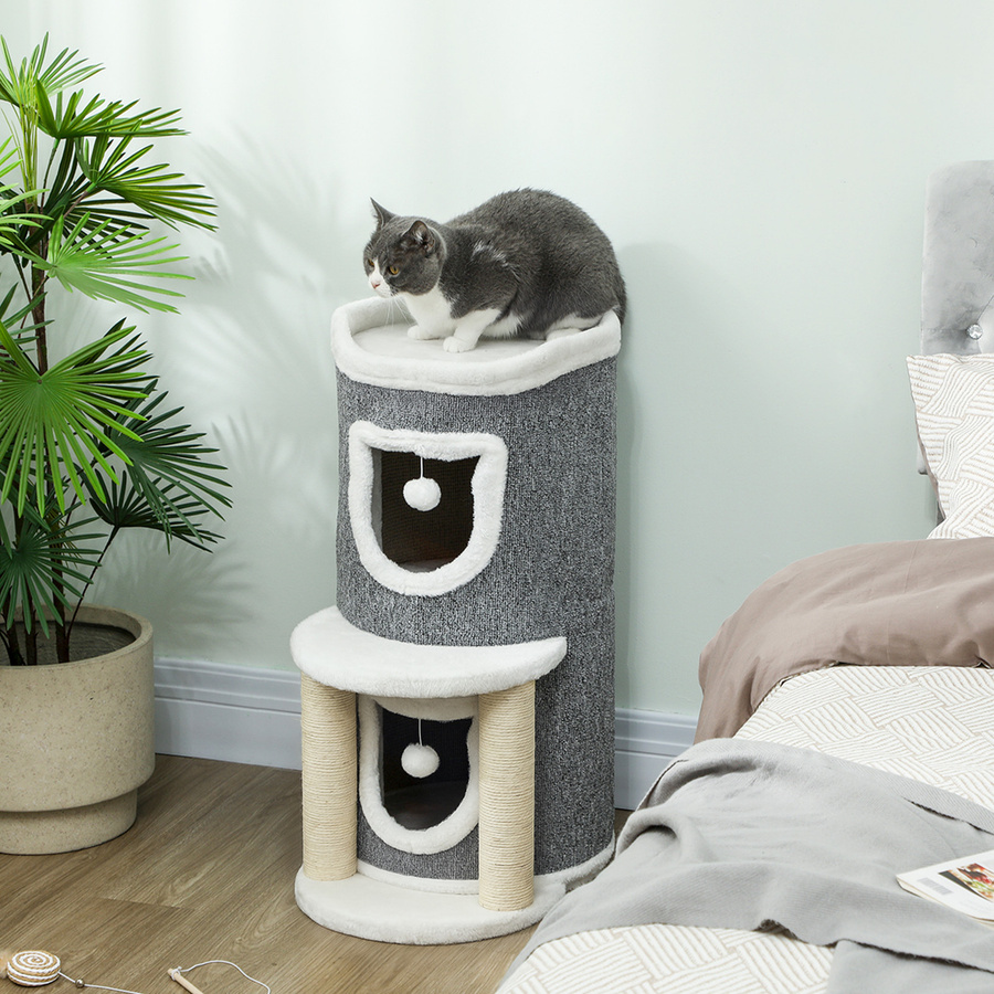 PawHut Katzenkratzbaum Grau mit 2 Höhlen, Bett, Sisalstämmen und Spielbällen, Höhe: 76 cm - Bild 2