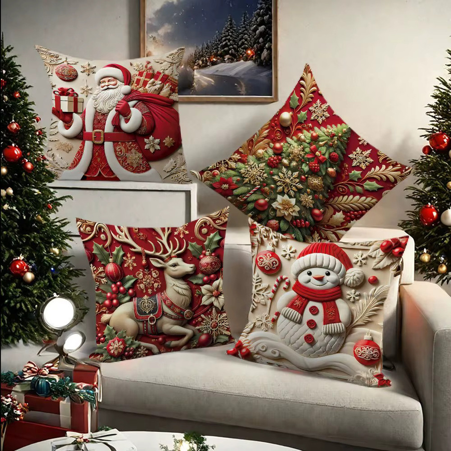 DUTRIEUX 4er-Set Weihnachtskissenbezüge mit Motivdruck Weihnachtsmann, Rentier, Schneemann und Baum, mehrfarbig, B/T/H: 45 x 45 x 0 cm - Bild 3