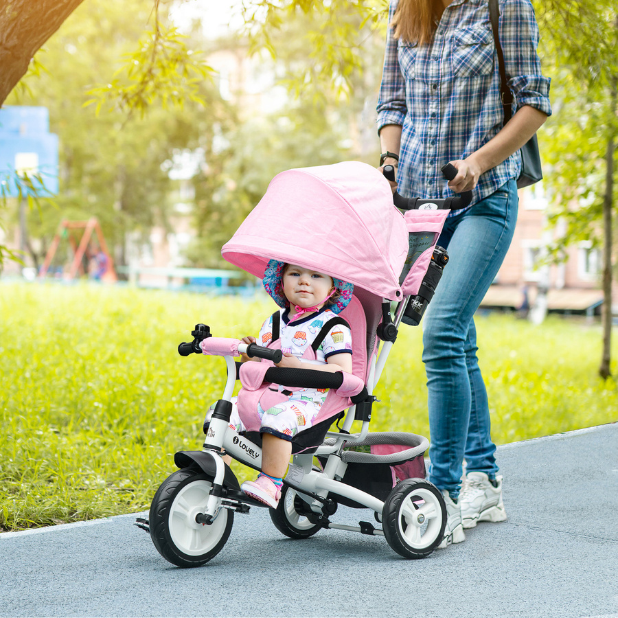 HOMCOM 6 in 1 Kinderdreirad für Kinder von 1 bis 5 Jahren mit Lenker, verstellbarem Verdeck, Gurt und Korb in Weiß und Rosa, H x B x T: 102 x 49 x 102 cm - Bild 2