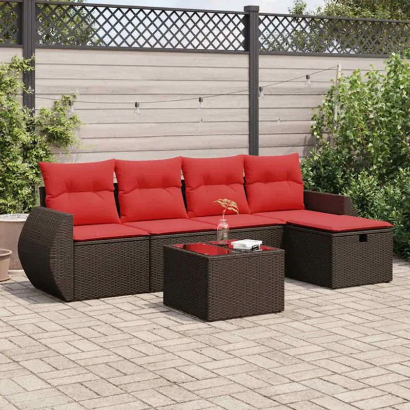 6-tlg. Loungemöbel Garten-Sofagarnitur in L-Form aus Polyrattan und Stahl mit Kissen in Braun und Rot von vidaxl - Bild 1