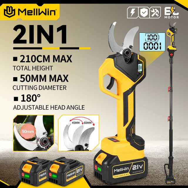 MELLWIN Bürstenlose elektrische Gartenschere in Gelb mit 180 cm Teleskopstange, 2-Gang-Gartenschere kompatibel mit Makita 18V Akku - Bild 1