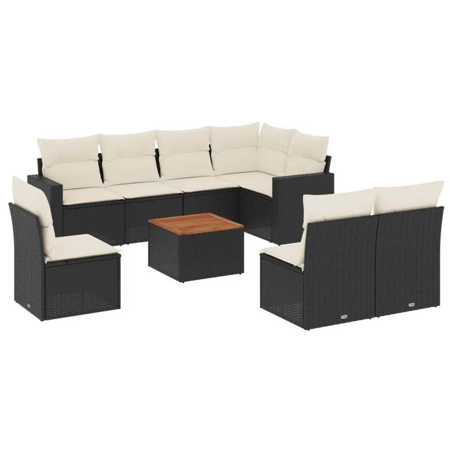 vidaXL 9-tlg Garten-Sofagarnitur aus Poly-Rattan und Akazienholz in Schwarz mit cremeweißen Kissen - Bild 2