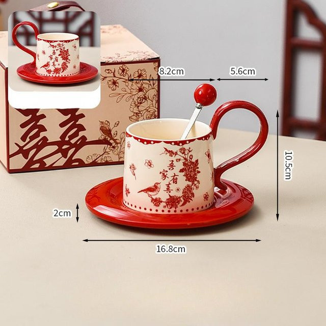 Rote Keramiktasse mit Untertasse und Löffel im chinesischen Stil von Yiran bag, floraler Design, 280 ml - Bild 1