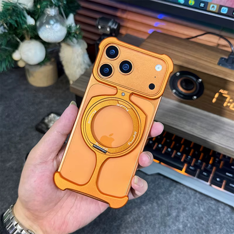 Magnetische Rahmenlose Aluminium Handyhülle mit drehbarer Halterung für iPhone 17 16 15 14 13 Pro Max in Orange - Bild 2