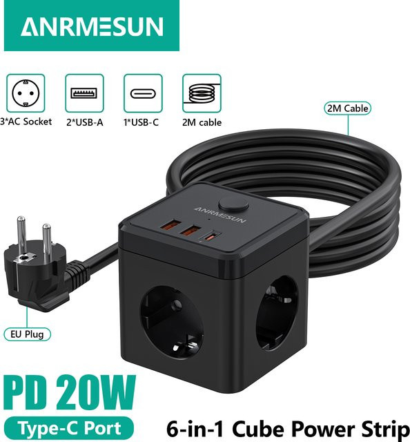 ANRMESUN 6-in-1 Steckdosenleiste in Schwarz mit 2m Verlängerungskabel, 3 AC-Steckplätze, 2 USB-Anschlüsse, 1 USB-C Anschluss mit PD 20W Schnellladung, max. 3680W (16A) - Bild 1
