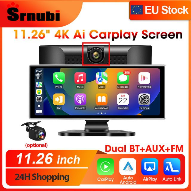 Srnubi 4K Dash Cam mit Android Auto und CarPlay, 11,26 Zoll Auto DVR Spiegel mit Dual Len, Bluetooth, FM und AUX, Schwarz - Bild 1