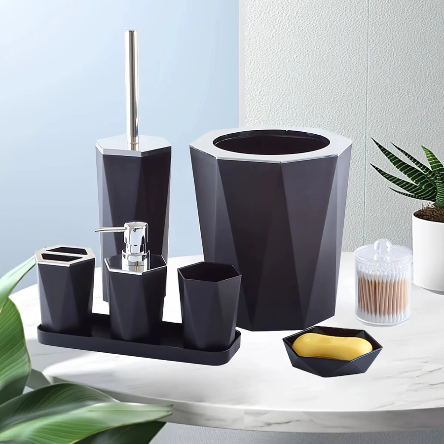 Modernes Badezimmer Set aus Kunststoff in Grau bestehend aus Zahnbürstenhalter, Becher, WC-Bürste und Mülleimer - Bild 3