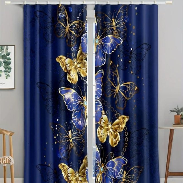 Yiran Furniture Verdunkelungsvorhänge mit Schmetterlingsmuster in Gold, Blau und Lila, B: 55 cm, H: 120 cm - Bild 1