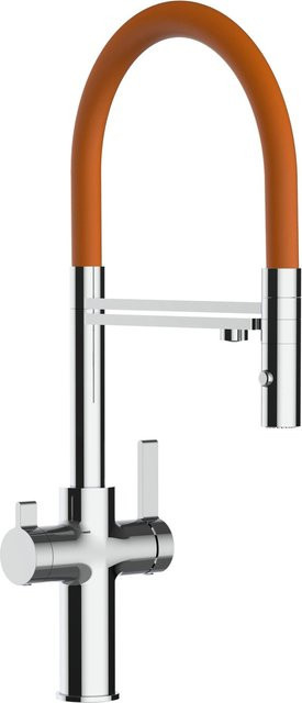 VIZIO Küchenarmatur mit 3-Wege-Wasserhahn, Niederdruck-Küchenarmatur mit 360° schwenkbarem Auslauf, abnehmbarer 2-Strahl-Handbrause und Filterfunktion, verchromt, Orange - Bild 1