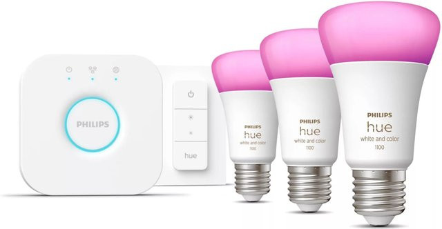 Philips Hue White & Color Ambience LED-Starterset mit 3 E27 A60 Leuchtmitteln, Bridge und Dimmer - Bild 1