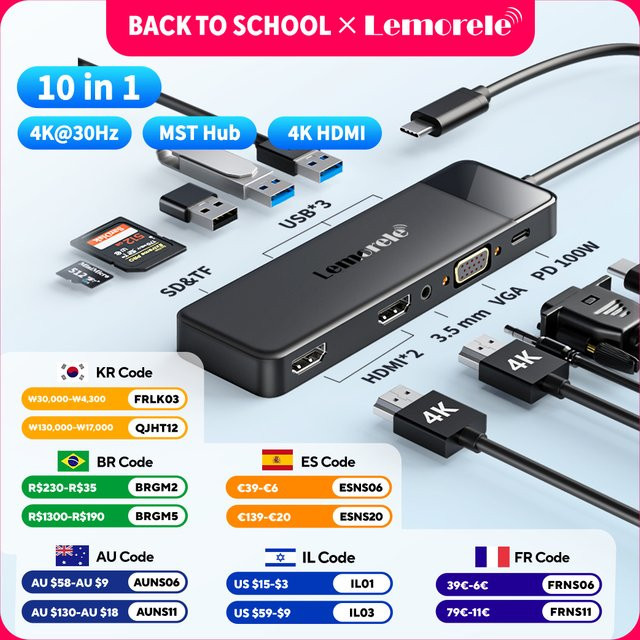 Lemorele TC94 10-in-1 USB-C Dockingstation mit 4K UHD, Dual HDMI, VGA, 100W PD-Stromversorgung und SD/TF-Adapter für Laptop und TV - Bild 1