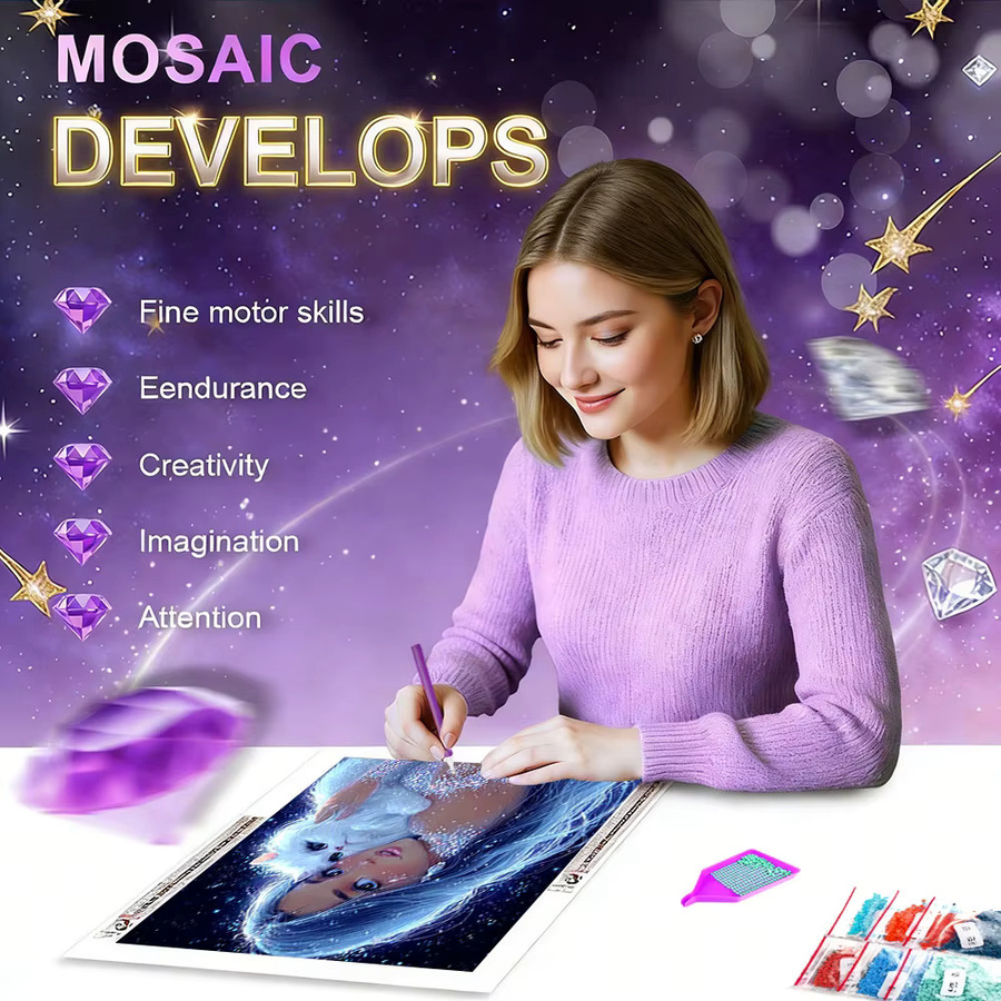 HUACAN Diamantmalerei Frauenporträt mit Katze als 5D Diamant-Mosaik Wanddekoration in Multicolour - Bild 4