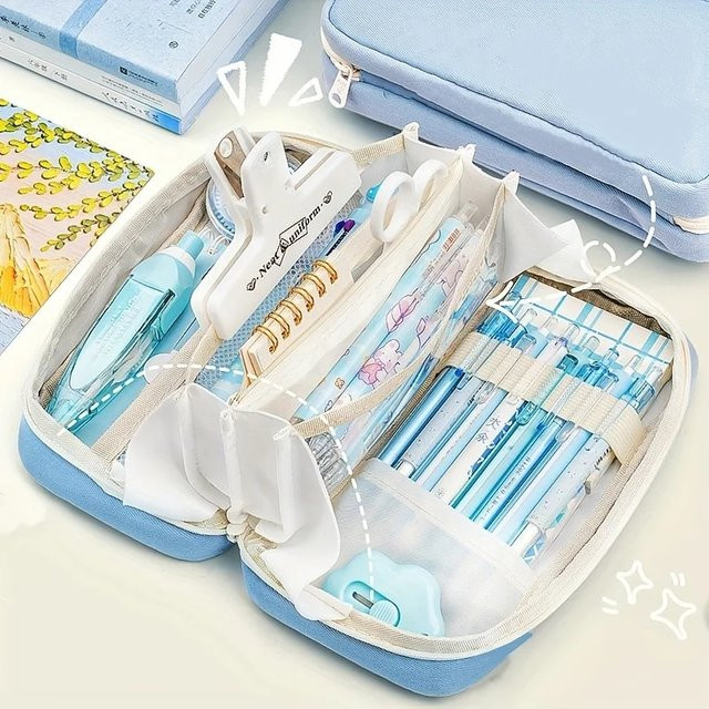 Federmäppchen mit 6 Schichten und großem Fassungsvermögen als Bleistift-Organizer für Schule und Büro, Beige und Blau - Bild 1
