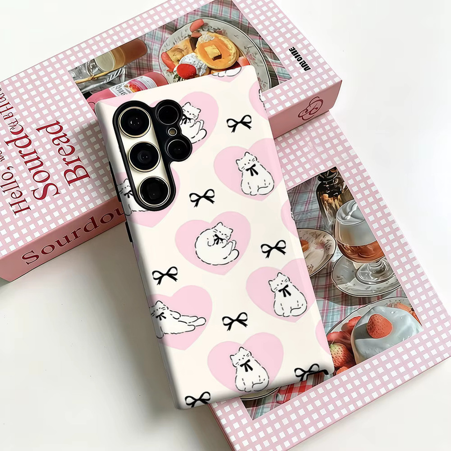 Potdemiel Handyhülle mit Herz-Kätzchen-Schleife Charm für Samsung Galaxy S25 Ultra, S24 und S23 Ultra Plus, stoßfeste Doppelschicht Rückabdeckung - Bild 2