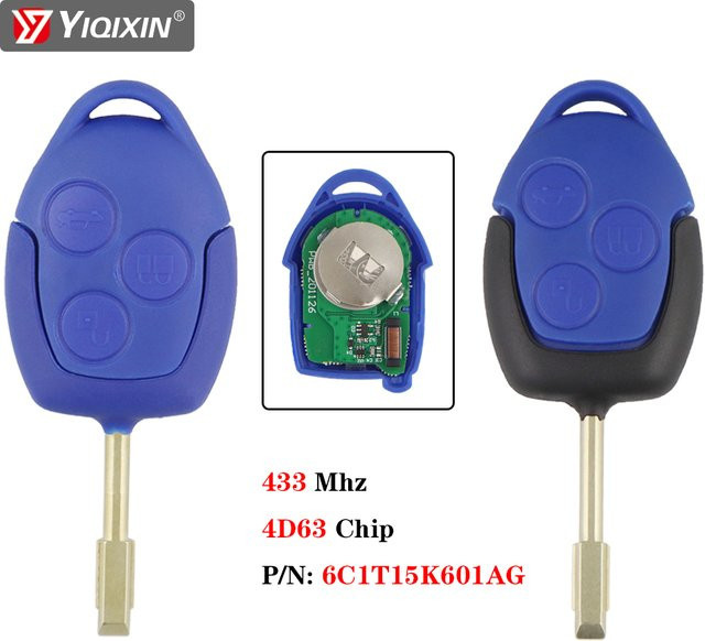 Yiqixin Auto Fernbedienungsschlüssel für Ford Transit WM VM 2006-2014 mit 433MHz 4 D63 Chip, 3 Tasten, Blau/Schwarz - Bild 1