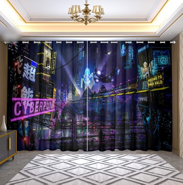 2-teiliges Cyberpunk-Anime-Vorhangset mit Stadtblick von A Family Of Home Textiles, halbtransparent, mehrfarbig, aus Baumwollmischgewebe mit Ösen für Schlafzimmer und Wohnzimmer - Bild 1
