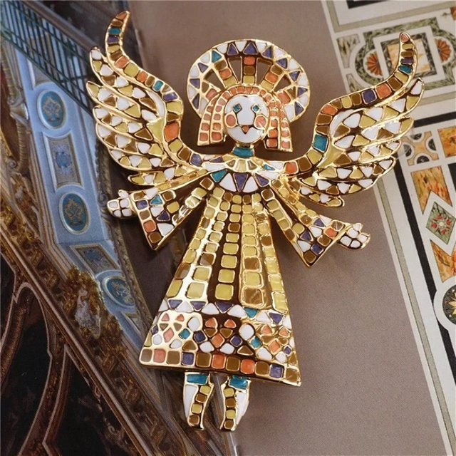 shmik Emaille-Brosche, Engel und Mädchen, Messing, Gold, Damen - Bild 1