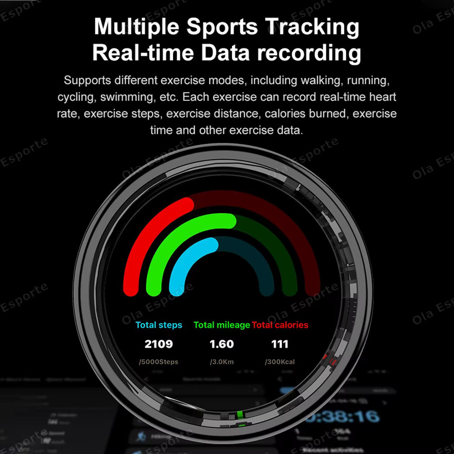 Ola Esporte Smart Ring 2026 mit Display und Touchfunktion, Gesundheitsmanager und IP68 Wasserdicht, Unisex, Gold oder Schwarz - Bild 3