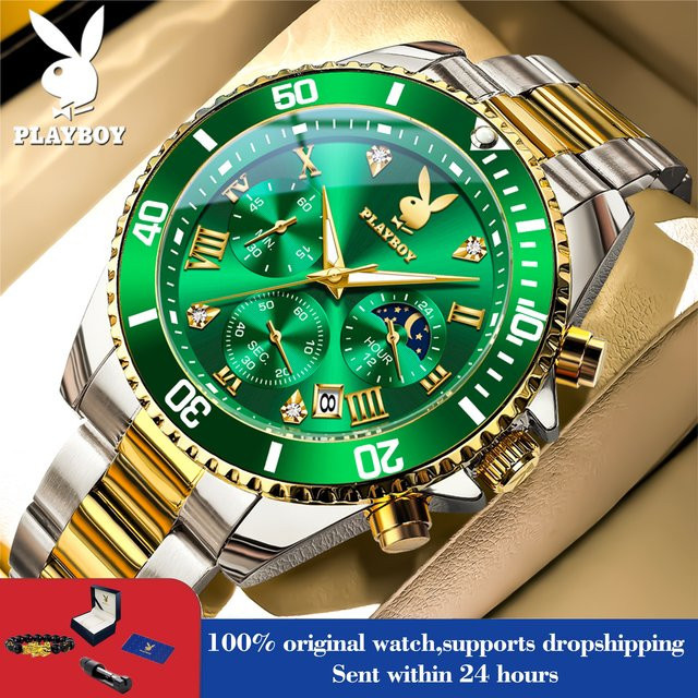 PLAYBOY Herren-Chronograph, Quarz, Edelstahl, Grün, Gold, Herren - Bild 1