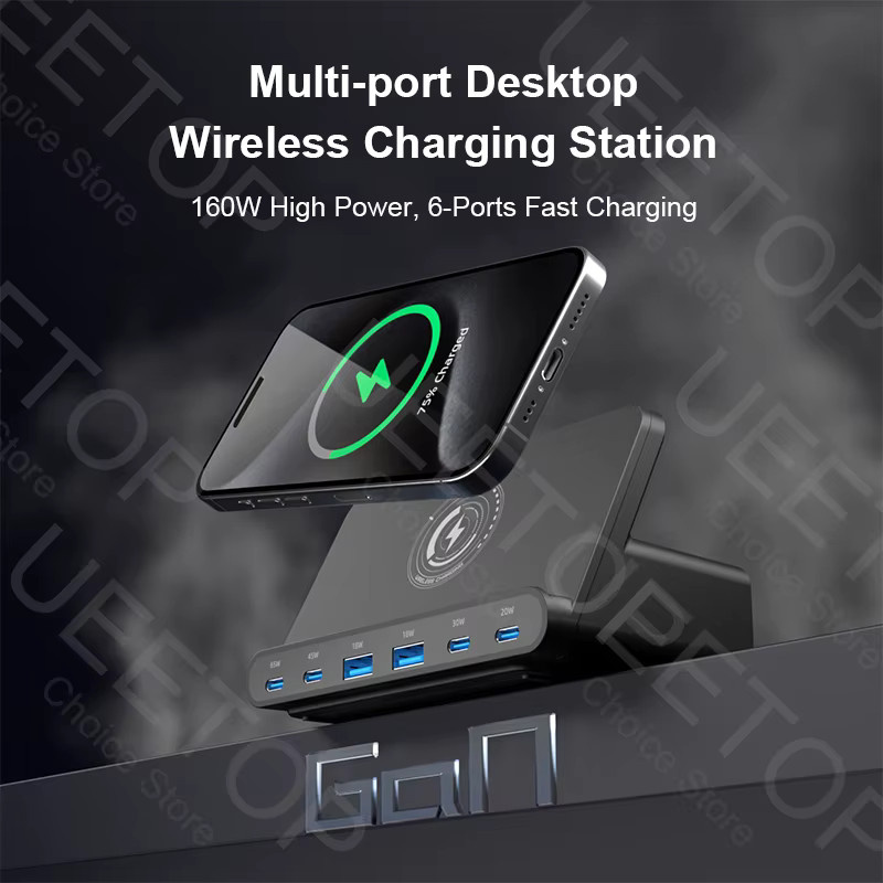Ueetop 160W USB-Ladestation mit kabellosem Laden, 65W PD PPS und 45W GAN Schnellladegerät für Laptop, Tablet und iPhone, Schwarz - Bild 2