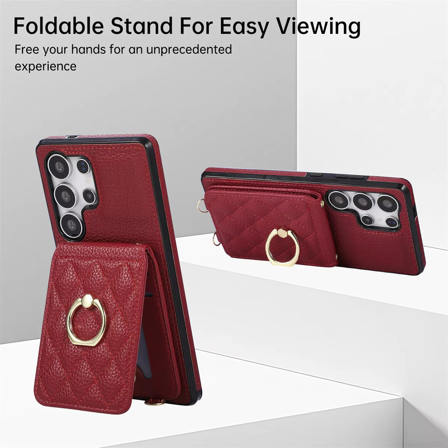 Leder Lanyard Handyhülle mit Wallet Card für Samsung Galaxy S25 S24 S23 S26 Ultra S22 Plus S21 FE S20 Note 20 Ring Flip Cover in Schwarz und Rot - Bild 2