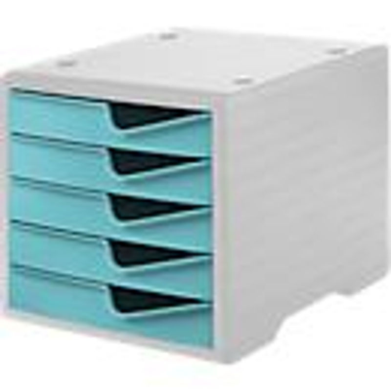 Stapelbare Schubladenbox styro swing mit 5 Schüben, Auszugsperre und Griffmulde, grau-aqua, B: 27,0 cm, T: 34,0 cm, H: 25,5 cm - Bild 3