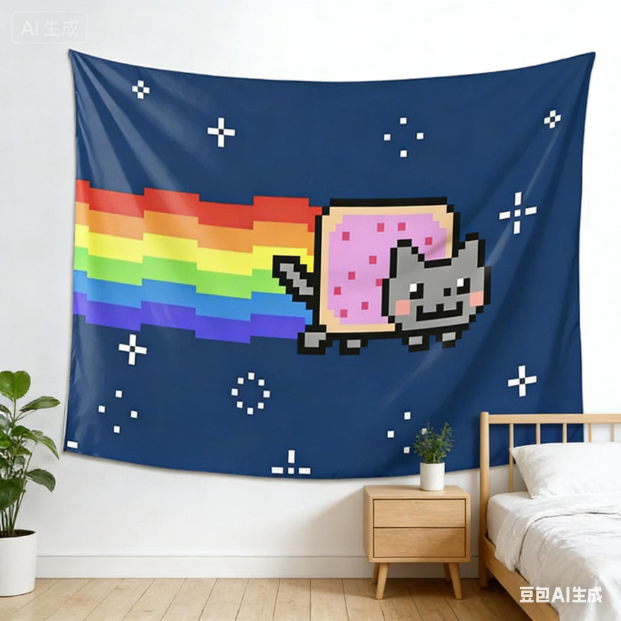 Nyan Cat Wandteppich von JMG Household Supplies, Regenbogen Pixel Katze Wandbehang in Multicolour, Retro Meme Dekoration aus Polyester, B: 60 cm, H: 40 cm - Bild 4