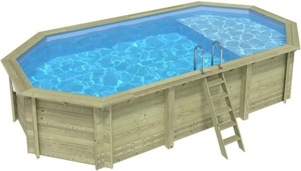 ALTANKA Holzpool Nemo achteckig in Hellblau mit Liegefläche und am Beton verschraubten Stützen B: 730 cm, T: 397 cm, H: 145 cm