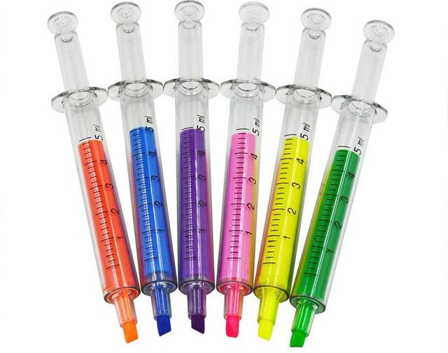 6er Set Spritzen-Textmarker von Binchi Cultural Supplies in 6 Farben mit Keilspitze - Bild 1