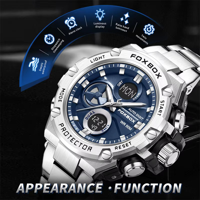 FOXBOX Armbanduhr, Quarz, Edelstahl, Schwarz, Herren, 5 ATM - Bild 3