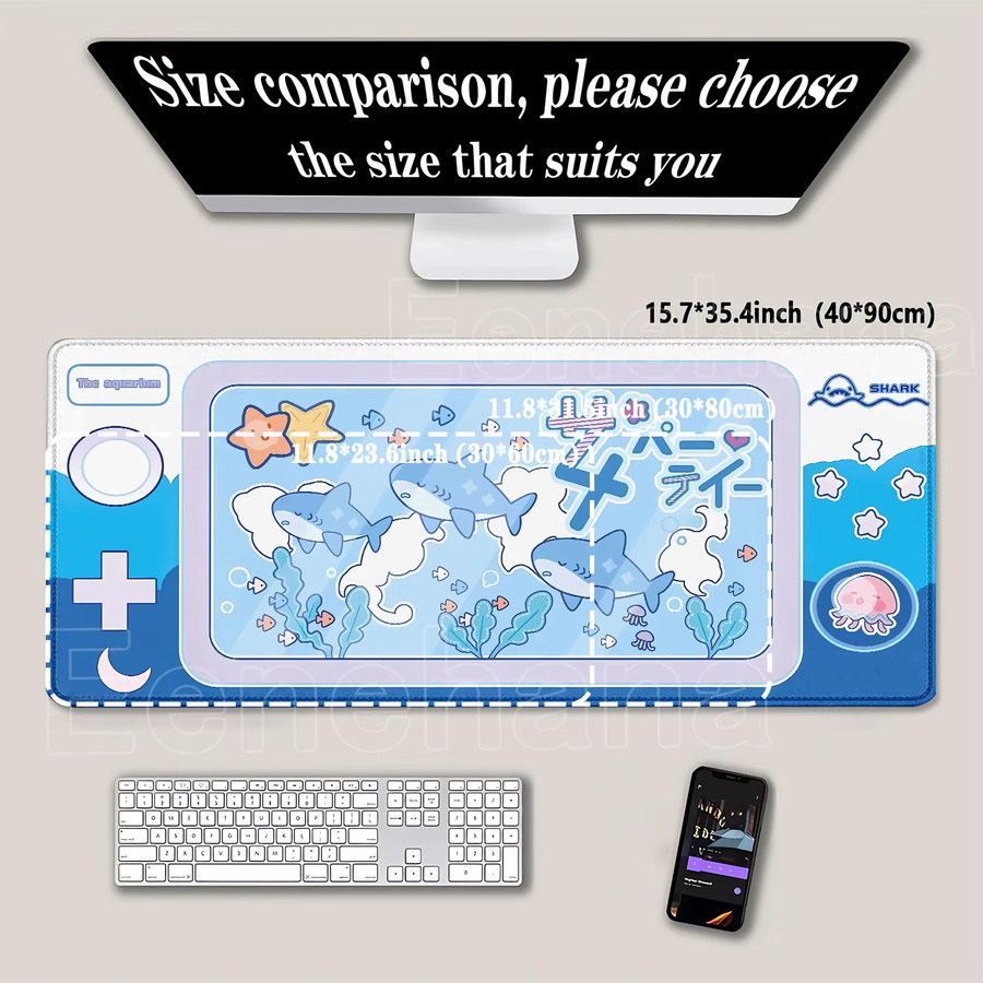 Eenehana Gaming-Mauspad XXL mit niedlichem Cartoon-Hai in Sky Blue, rutschfeste Schreibtischunterlage für Laptop und Büro - Bild 2