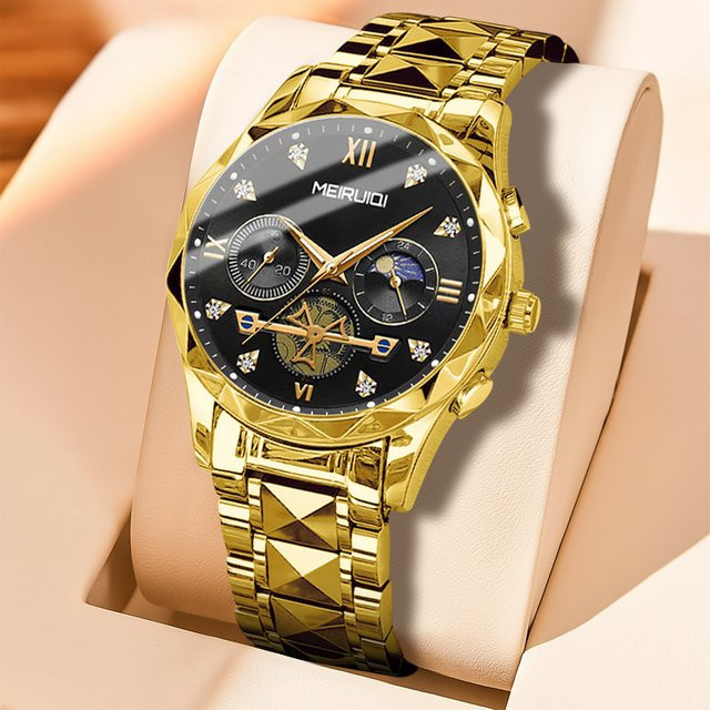MEIRUIQI Armbanduhr Quarz, Edelstahl, Gold, Schwarz, Herren - Bild 1