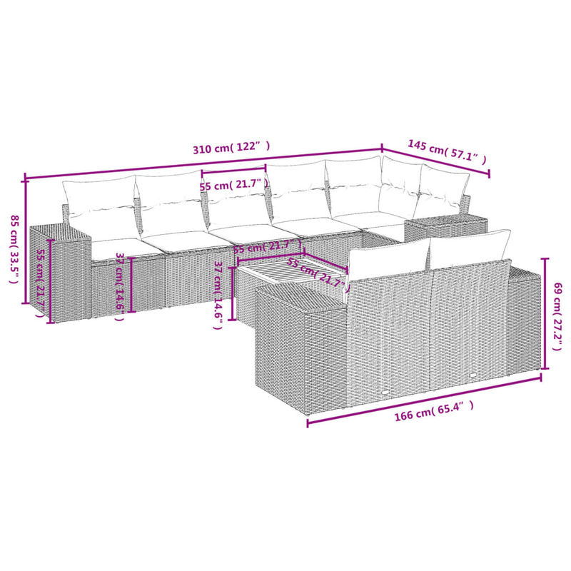 Vidaxl Gartenmöbel-Set aus Polyrattan und Akazie mit Kissen, 9-teilig, Beige - Bild 2