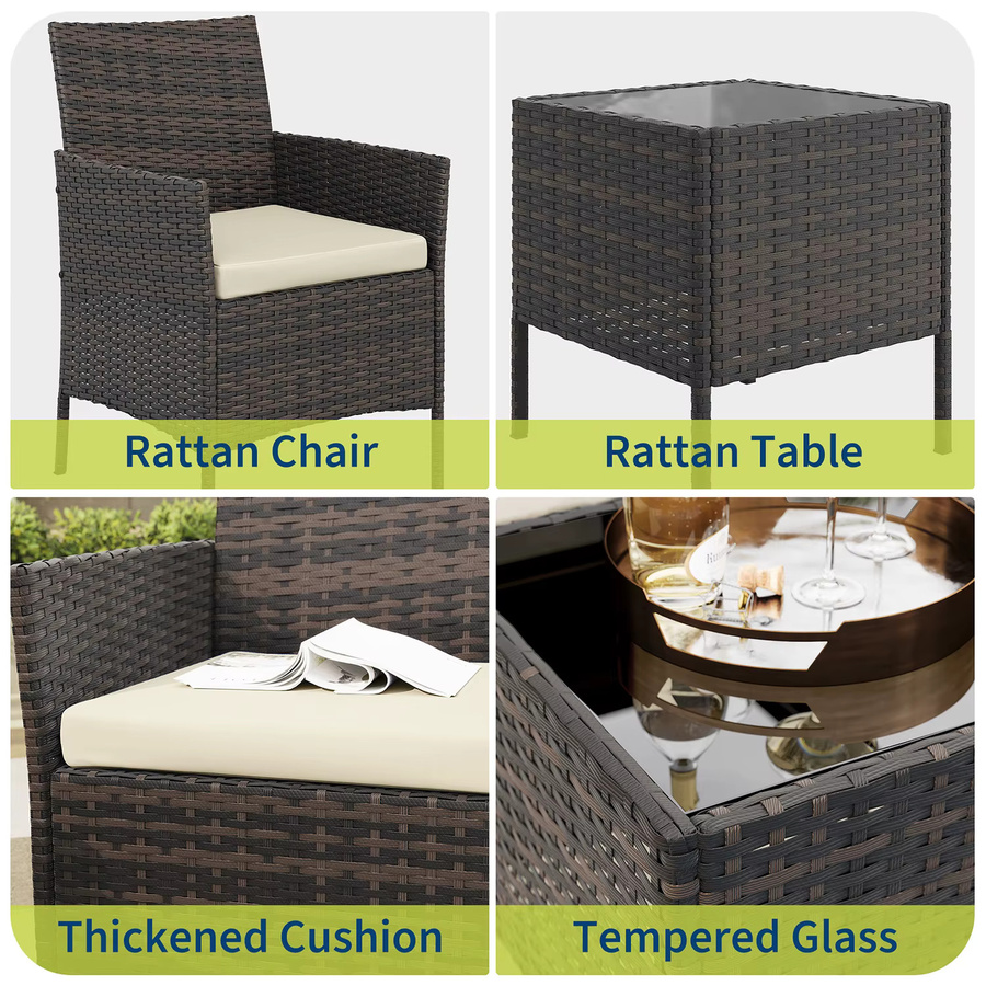 3-teiliges HiMISS Outdoor-Bistro-Set aus Polyrattan mit Glas-Couchtisch und gepolsterten Kissen in Schwarz und Beige - Bild 3