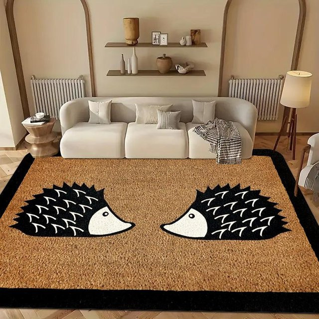 Waschbare Fußmatte mit Igel-Druck, rutschfest und saugfähig für Innen und Außen, B/B: 160 x 200 cm, Braun - Bild 1