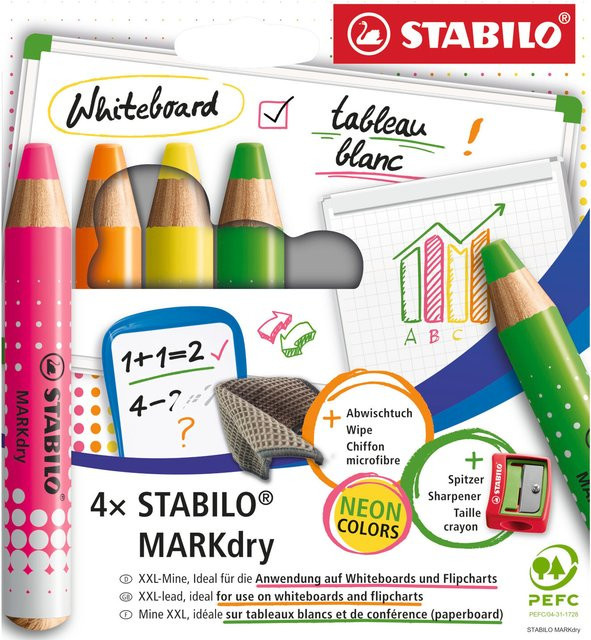 STABILO Markdry Neon Set für Whiteboards mit Spitzer und Tuch in Orange, Neongelb, Neonrosa und Neongrün - Bild 1