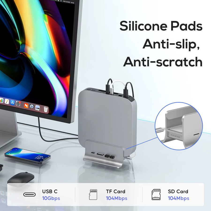 PULWTOP 5-in-1 USB-C Hub für Mac Mini M1/M2 in Silber mit M.2 NVMe SSD-Erweiterung, 2x USB-C 3.2 10Gbps sowie SD/TF-Kartenslots - Bild 4