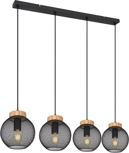 Globo Pendelleuchte Pablo 4-flammig in Schwarz matt aus Metall und Holz, B/H/T: 95 x 120 x 20 cm, E27 - Bild 1